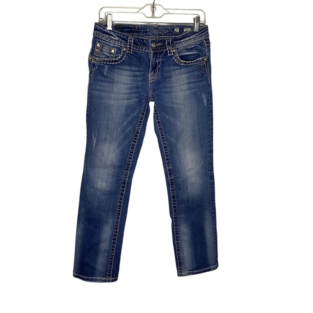 Miss Me Womens Easy Capri Blue Jeans Fleur De Lis Rhinestone 27W 25L